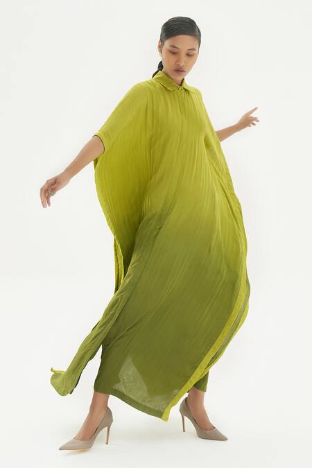 Corpora Studio_Green Silk 60%, Viscose 40% Shirt Collar Flared Sleeve Kaftan_Online_at_Aza_Fashions