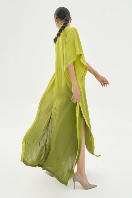 Buy_Corpora Studio_Green Silk 60%, Viscose 40% Shirt Collar Flared Sleeve Kaftan_Online_at_Aza_Fashions