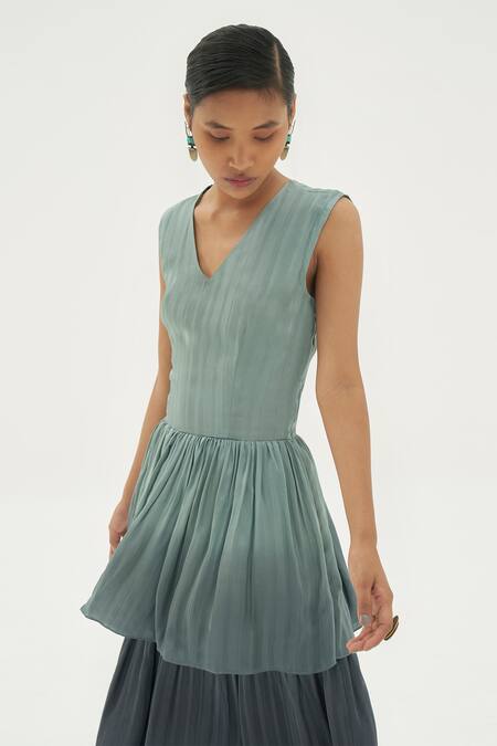 Corpora Studio_Green Silk 60%, Viscose 40% V Neck Layered Ombre Dress_Online_at_Aza_Fashions