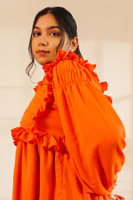 Buy House Of Her Orange Glow Gathered Dress Online at Aza Fashions Buy_House Of Her_Orange Glow Gathered Dress _Online_at_Aza_Fashions