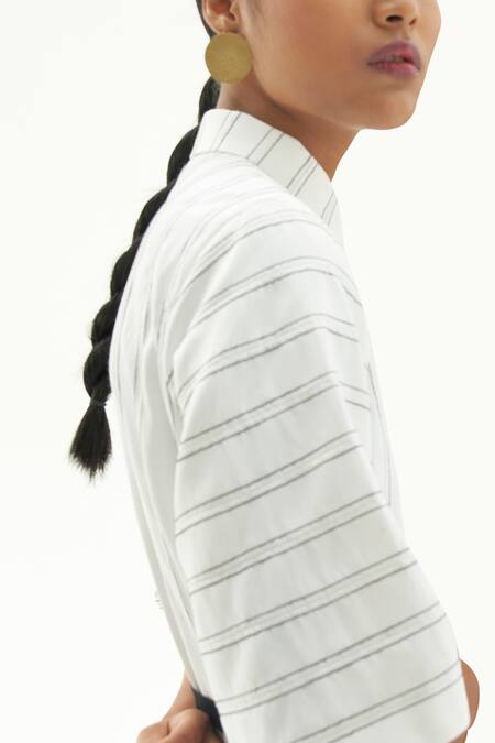 Corpora Studio_White Cotton Shirt Collar Striped Dress _Online_at_Aza_Fashions