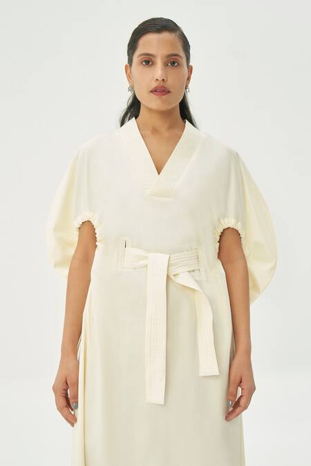 Corpora Studio_White Cotton V Neck Dress_Online_at_Aza_Fashions
