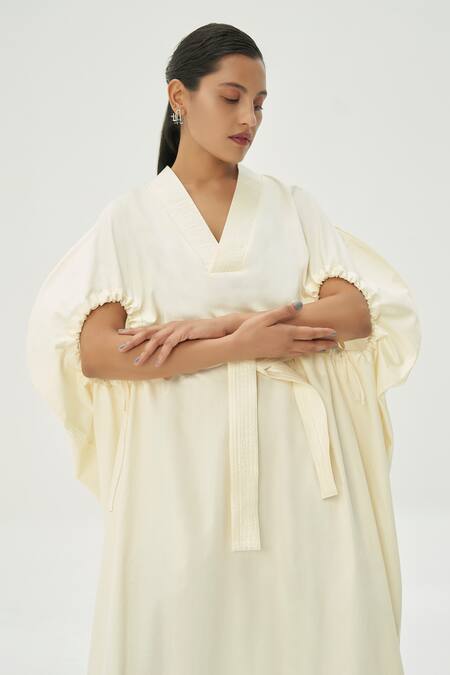 Buy_Corpora Studio_White Cotton V Neck Dress_Online_at_Aza_Fashions