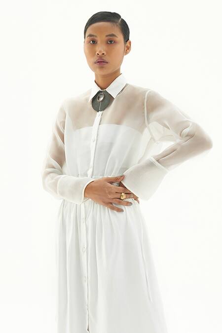 Buy_Corpora Studio_White Organza Cotton Shirt Collar Dress_Online_at_Aza_Fashions