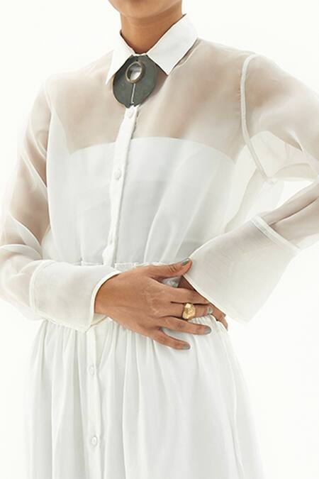 Shop_Corpora Studio_White Organza Cotton Shirt Collar Dress_Online_at_Aza_Fashions