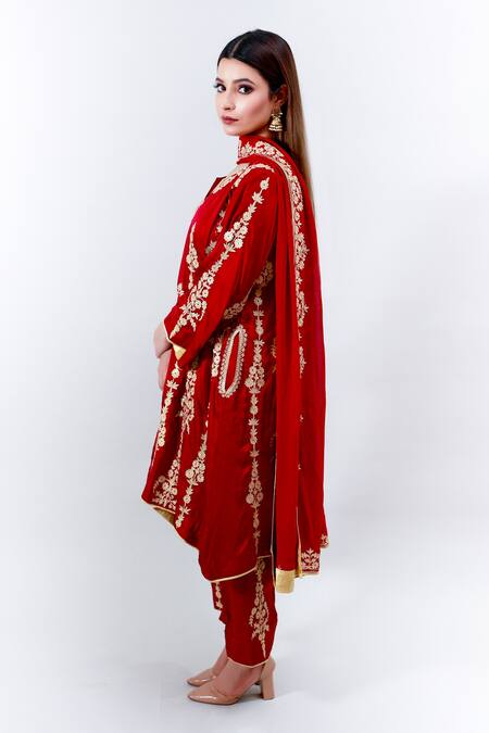 Daljit Sudan Red German Satin And Georgette Tilla & Aari Embroidered Phiran Kurta Pant Set Online at Aza Fashions Daljit Sudan_Red German Satin And Georgette Tilla & Aari Embroidered Phiran Kurta Pant Set _Online_at_Aza_Fashions