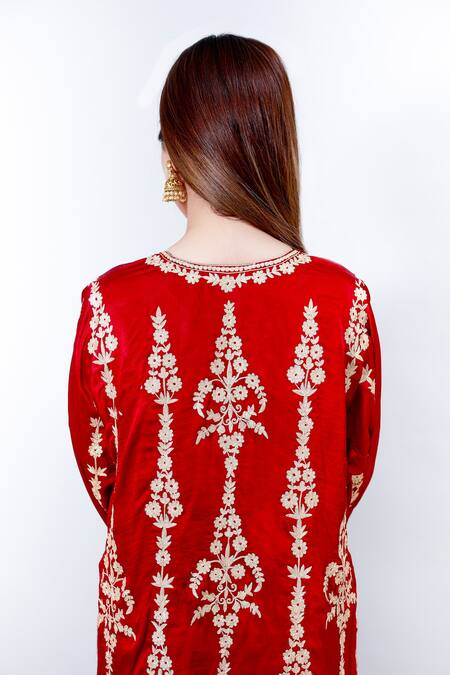 Buy Daljit Sudan Red German Satin And Georgette Tilla & Aari Embroidered Phiran Kurta Pant Set Online at Aza Fashions Buy_Daljit Sudan_Red German Satin And Georgette Tilla & Aari Embroidered Phiran Kurta Pant Set _Online_at_Aza_Fashions