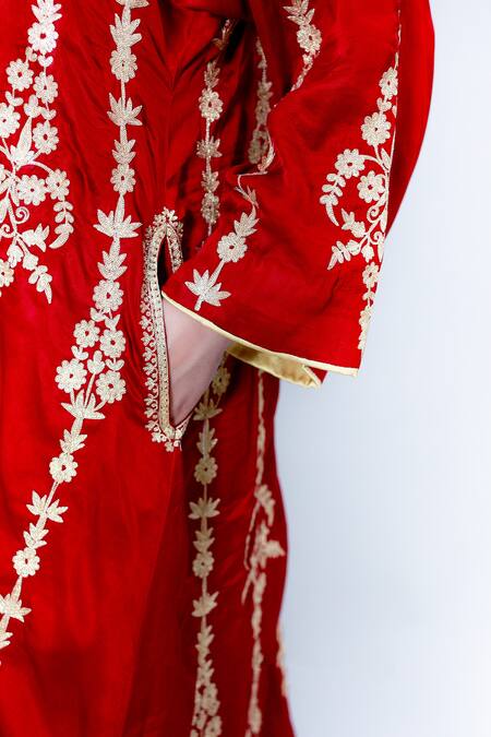 Shop Daljit Sudan Red German Satin And Georgette Tilla & Aari Embroidered Phiran Kurta Pant Set Online at Aza Fashions Shop_Daljit Sudan_Red German Satin And Georgette Tilla & Aari Embroidered Phiran Kurta Pant Set _Online_at_Aza_Fashions