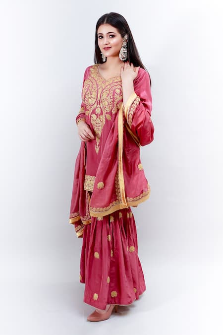 Buy Daljit Sudan Pink Crepe And Georgette Tilla Leaf Neck Embroidered Kurta Sharara Set Online at Aza Fashions Buy_Daljit Sudan_Pink Crepe And Georgette Tilla Leaf Neck Embroidered Kurta Sharara Set _Online_at_Aza_Fashions