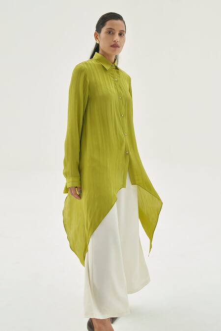 Corpora Studio_Green Silk 60%, Viscose 40% Shirt Collar Asymmetric_Online_at_Aza_Fashions