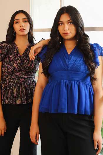 House Of Her_Blue Ava Pleated Peplum Top _Online_at_Aza_Fashions