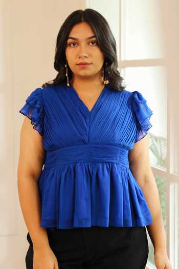 Buy_House Of Her_Blue Ava Pleated Peplum Top _Online_at_Aza_Fashions