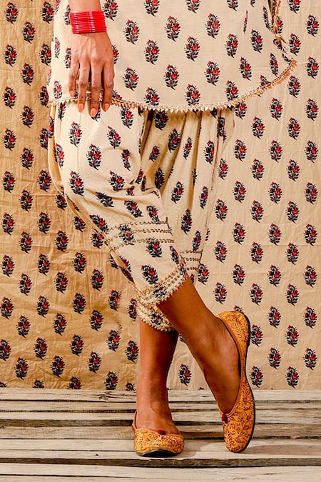 Nikasha_Beige Silk, Handwoven Guldasta Notched Print Kurta Set _at_Aza_Fashions