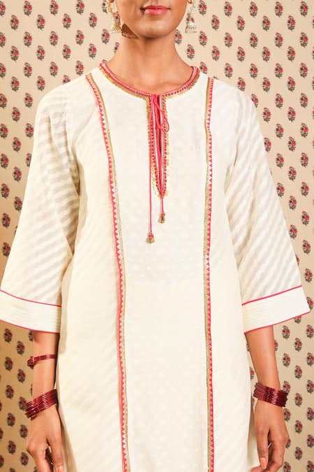 Shop_Nikasha_White Chanderi Cutwork Round Handwoven Banarasi Kurta Set _Online_at_Aza_Fashions