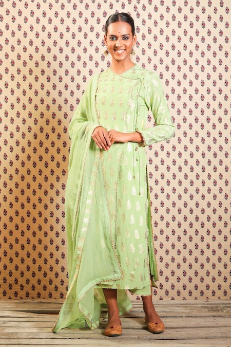 Buy Green Viscose Crepe Printed Guldasta Overlap Foil Angrakha Set For ...