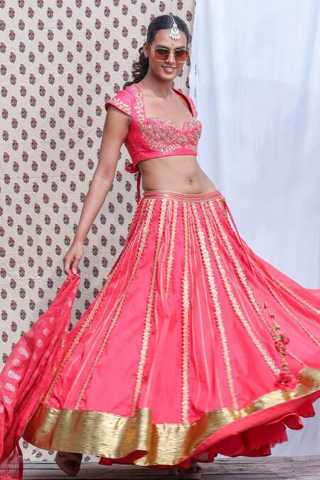 Nikasha Red Cotton Silk, Organdy Floral, Dabka Sweetheart Neck Embroidered Lehenga Set Online at Aza Fashions Nikasha_Red Cotton Silk, Organdy Floral, Dabka Sweetheart Neck Embroidered Lehenga Set _Online_at_Aza_Fashions