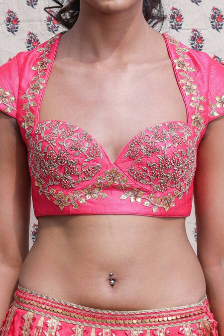 Shop Nikasha Red Cotton Silk, Organdy Floral, Dabka Sweetheart Neck Embroidered Lehenga Set Online at Aza Fashions Shop_Nikasha_Red Cotton Silk, Organdy Floral, Dabka Sweetheart Neck Embroidered Lehenga Set _Online_at_Aza_Fashions