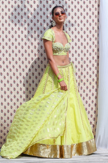 Nikasha_Green Cotton Silk, Organdy Floral, Dabka Sweetheart Neck Embroidered Lehenga Set _Online_at_Aza_Fashions