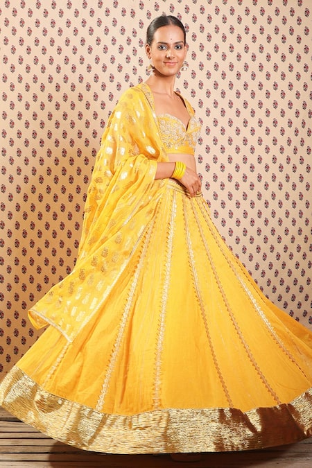 Nikasha_Yellow Cotton Silk, Organdy Floral, Dabka Sweetheart Embroidered Lehenga Set _Online_at_Aza_Fashions