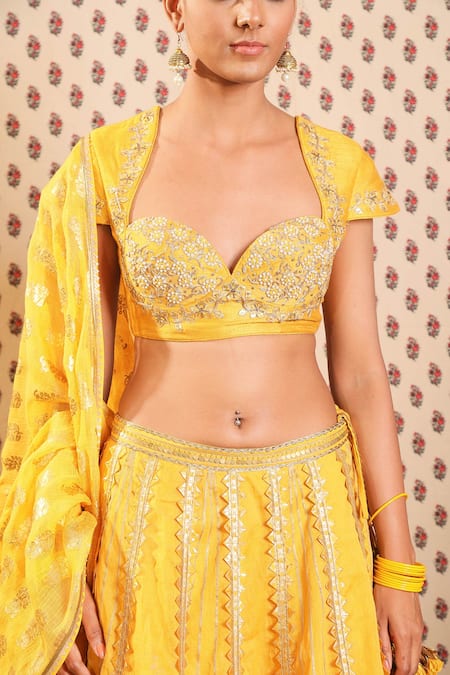 Shop_Nikasha_Yellow Cotton Silk, Organdy Floral, Dabka Sweetheart Embroidered Lehenga Set _Online_at_Aza_Fashions