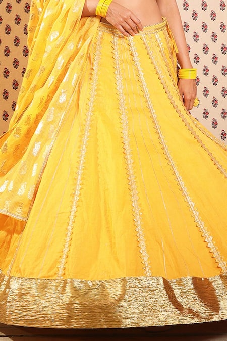 Nikasha_Yellow Cotton Silk, Organdy Floral, Dabka Sweetheart Embroidered Lehenga Set _at_Aza_Fashions