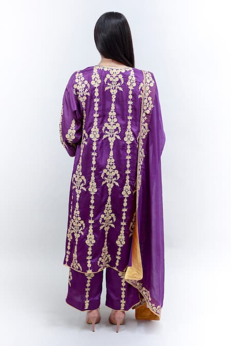 Shop Daljit Sudan Purple German Satin And Georgette Tilla & Aari Embroidered Phiran Kurta Pant Set at Aza Fashions Shop_Daljit Sudan_Purple German Satin And Georgette Tilla & Aari Embroidered Phiran Kurta Pant Set _at_Aza_Fashions