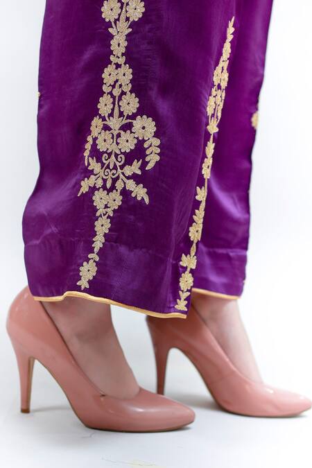 Shop Daljit Sudan Purple German Satin And Georgette Tilla & Aari Embroidered Phiran Kurta Pant Set Online at Aza Fashions Shop_Daljit Sudan_Purple German Satin And Georgette Tilla & Aari Embroidered Phiran Kurta Pant Set _Online_at_Aza_Fashions