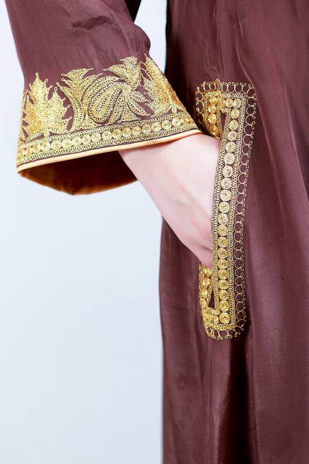 Shop Daljit Sudan Brown Crepe And Georgette Tilla Leaf Neck Embroidered Phiran Kurta Pant Set Online at Aza Fashions Shop_Daljit Sudan_Brown Crepe And Georgette Tilla Leaf Neck Embroidered Phiran Kurta Pant Set _Online_at_Aza_Fashions