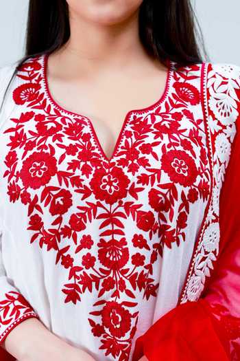 Buy_Daljit Sudan_White Cotton And Georgette Thread & Aari Leaf Embroidered Phiran Kurta Pant Set_Online_at_Aza_Fashions