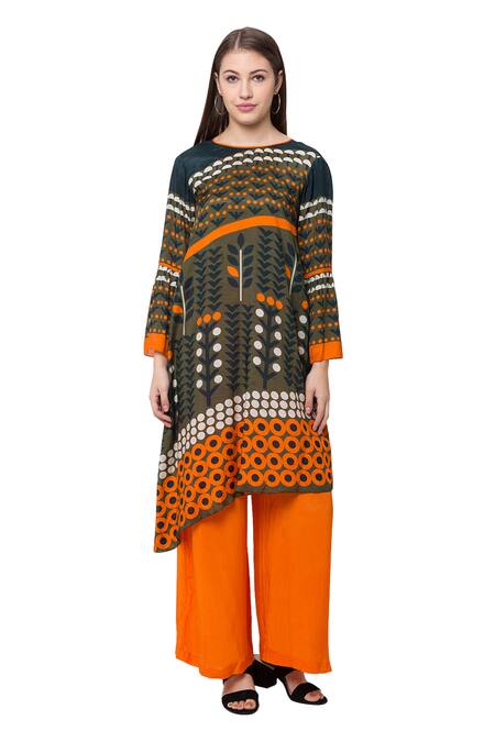 So Us By Sougatpaul Green Muslin Slub Round Printed Kurta And Palazzo Set Online at Aza Fashions So Us By Sougatpaul_Green Muslin Slub Round Printed Kurta And Palazzo Set _Online_at_Aza_Fashions