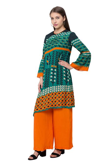 Buy So Us By Sougatpaul Green Muslin Slub Round Printed Kurta And Palazzo Set Online at Aza Fashions Buy_So Us By Sougatpaul_Green Muslin Slub Round Printed Kurta And Palazzo Set _Online_at_Aza_Fashions