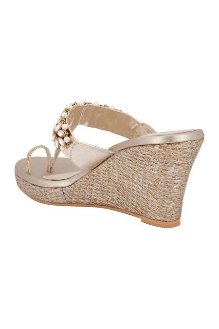 Shop_Signature Sole_Gold Embellished Wedges_Online_at_Aza_Fashions