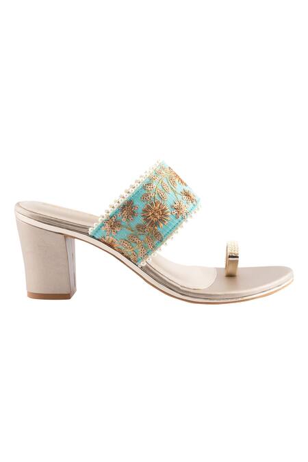 Signature Sole Blue Embroidered Toe-ring Block Heels Online at Aza Fashions Signature Sole_Blue Embroidered Toe-ring Block Heels_Online_at_Aza_Fashions