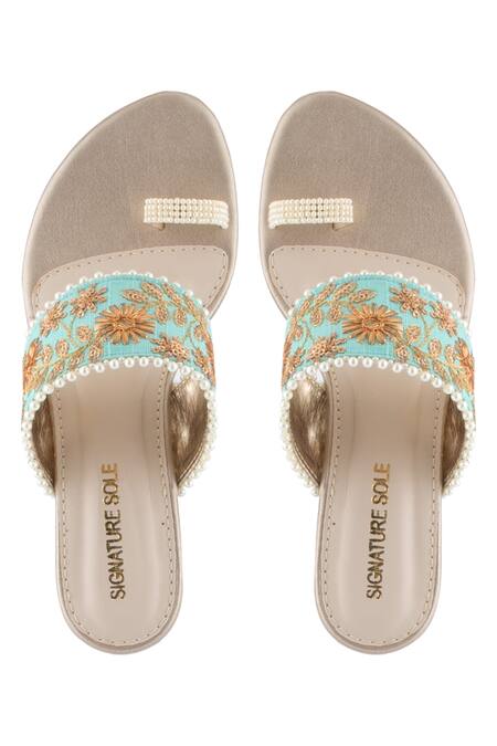Buy Signature Sole Blue Embroidered Toe-ring Block Heels Online at Aza Fashions Buy_Signature Sole_Blue Embroidered Toe-ring Block Heels_Online_at_Aza_Fashions
