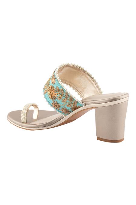 Shop Signature Sole Blue Embroidered Toe-ring Block Heels Online at Aza Fashions Shop_Signature Sole_Blue Embroidered Toe-ring Block Heels_Online_at_Aza_Fashions