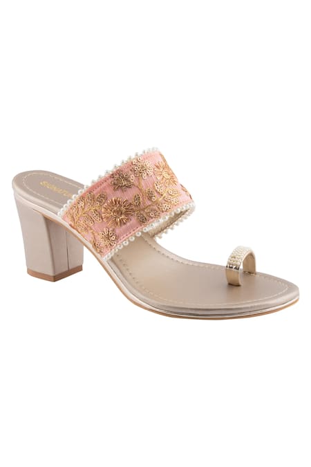 Signature Sole Pink Embroidered Toe-ring Block Heels