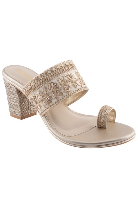 Signature Sole Gold Embroidered Block Heels