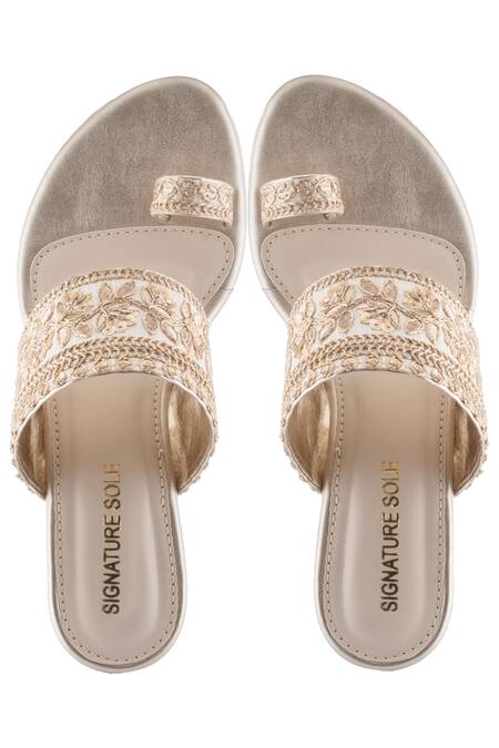 Buy_Signature Sole_Gold Embroidered Block Heels_Online_at_Aza_Fashions