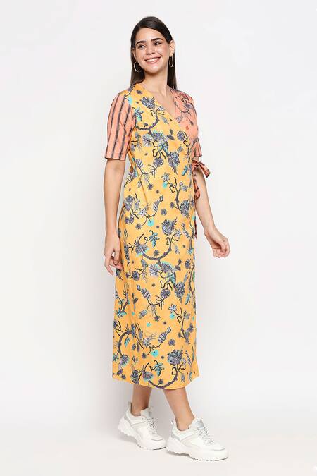 So Us By Sougatpaul_Yellow Cotton Twill V Neck Floral Print Colorblock Dress _Online_at_Aza_Fashions