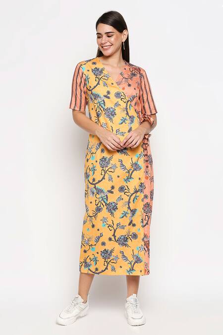 Buy_So Us By Sougatpaul_Yellow Cotton Twill V Neck Floral Print Colorblock Dress _Online_at_Aza_Fashions