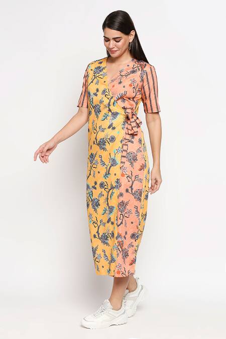 Shop_So Us By Sougatpaul_Yellow Cotton Twill V Neck Floral Print Colorblock Dress _Online_at_Aza_Fashions