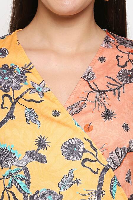 So Us By Sougatpaul_Yellow Cotton Twill V Neck Floral Print Colorblock Dress _at_Aza_Fashions