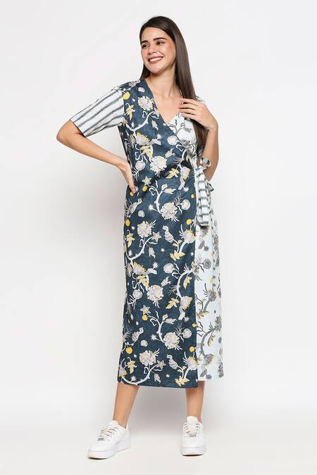 Buy So Us By Sougatpaul Blue Cotton Twill V Neck Floral Print Tie Up Dress Online at Aza Fashions Buy_So Us By Sougatpaul_Blue Cotton Twill V Neck Floral Print Tie Up Dress _Online_at_Aza_Fashions