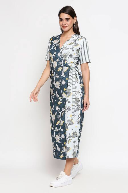 Shop So Us By Sougatpaul Blue Cotton Twill V Neck Floral Print Tie Up Dress Online at Aza Fashions Shop_So Us By Sougatpaul_Blue Cotton Twill V Neck Floral Print Tie Up Dress _Online_at_Aza_Fashions
