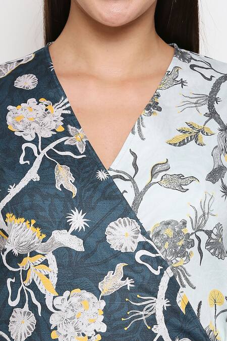 So Us By Sougatpaul Blue Cotton Twill V Neck Floral Print Tie Up Dress at Aza Fashions So Us By Sougatpaul_Blue Cotton Twill V Neck Floral Print Tie Up Dress _at_Aza_Fashions