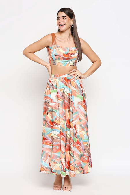 So Us By Sougatpaul Multi Color Cotton Twill Square Neck Printed Top And Skirt Set 