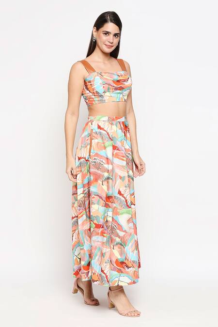 So Us By Sougatpaul_Multi Color Cotton Twill Square Neck Printed Top And Skirt Set _Online_at_Aza_Fashions