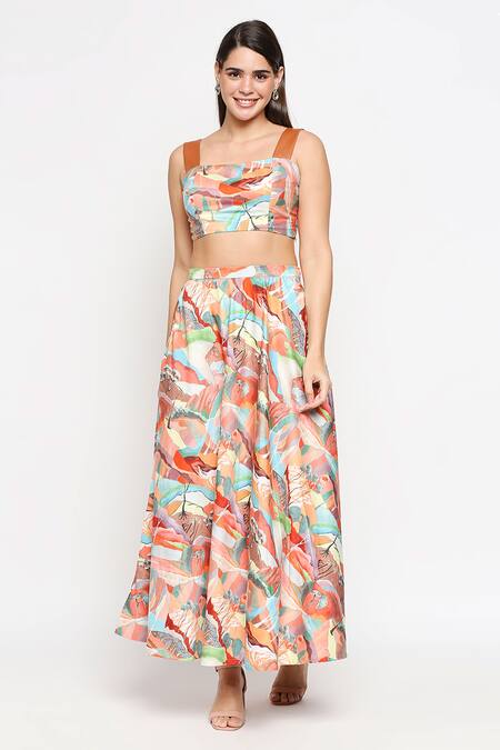 Buy_So Us By Sougatpaul_Multi Color Cotton Twill Square Neck Printed Top And Skirt Set _Online_at_Aza_Fashions