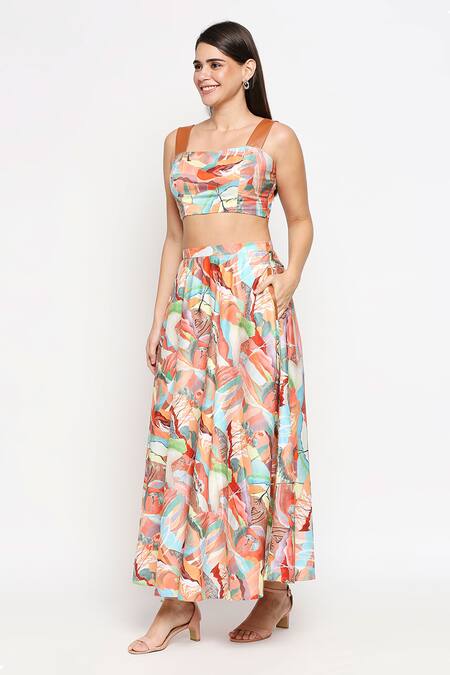 Shop_So Us By Sougatpaul_Multi Color Cotton Twill Square Neck Printed Top And Skirt Set _Online_at_Aza_Fashions