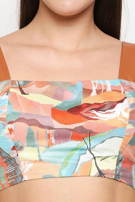 So Us By Sougatpaul_Multi Color Cotton Twill Square Neck Printed Top And Skirt Set _at_Aza_Fashions